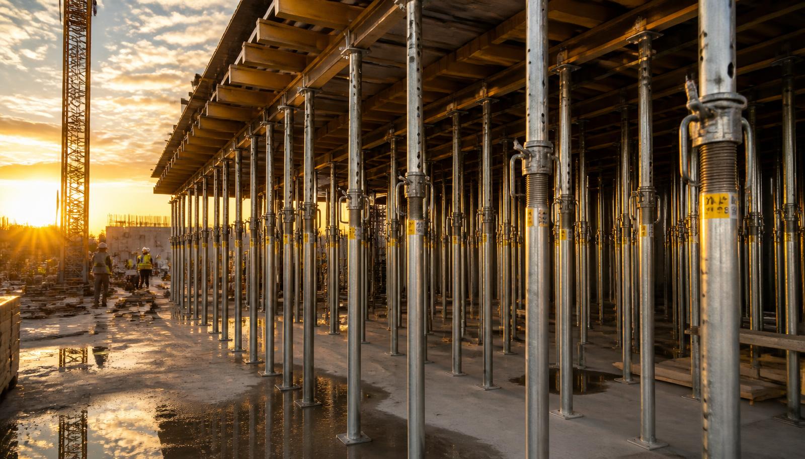Puntales metálicos soportando losa de concreto en obra